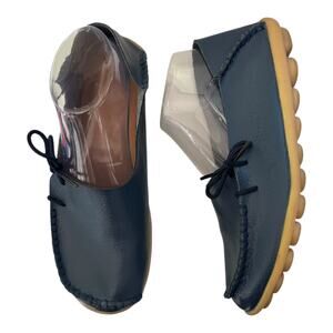 Womens Leather Casual Lace Up Flat Driving Loafers slip on navy size (40) 9.5